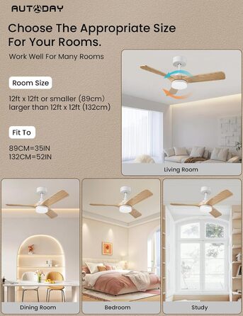 Стеляний вентилятор Holz з підсвіткою, тихий DC-двигун, 90 см, для вулиці, 3 дерев'яних лопаті, диммування LED 24W, пульт з пам'яттю, 6 швидкостей, таймер (світла текстура дерева, 75 см)