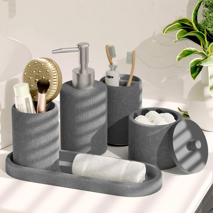 Набір для ванної кімнати Clara Clark – 5-ти елементний набір аксесуарів для ванної кімнати, салатовий колір (сірий), повний комплект + килимок для ванної