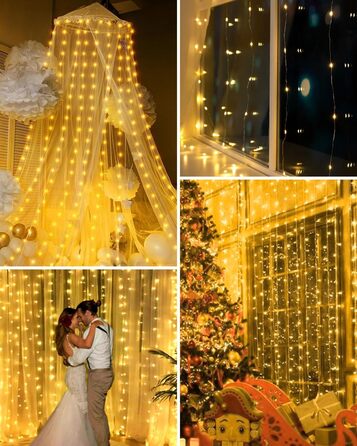 Ланцюжок-завіса світлодіодна 3x3м, 300 LED, USB, 8 режимів, пульт, IP65, тепле світло, для декору, свята, вечірки