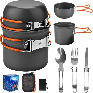 Набір посуду для кемпінгу та приготування їжі на природі (1-2 особи), легкий, для туризму та подорожей