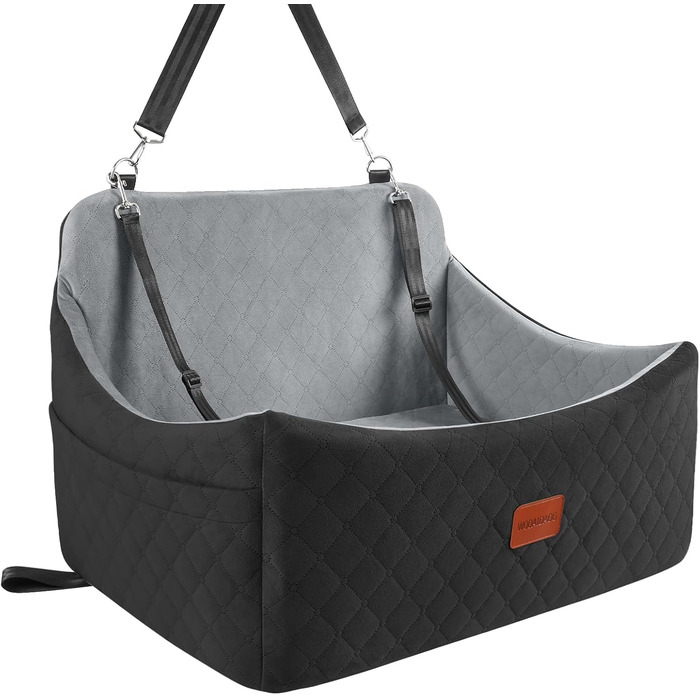 Wooaidagg Dog Car Seat for Medium & Large Dogs - Washable Memory Foam Pet Car Bed with 2 Leashes (Black/Grey)