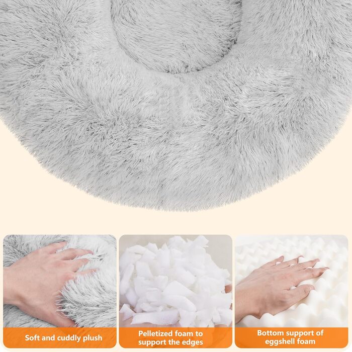 Ортопедичне ліжко для собак круглої форми, м'яке ліжко-лежанка для собак та котів, ліжко-софа Donut, зручний кошик для собак, можна прати, діаметр 70 см, сірий колір, розмір 70 x 70 x 20 см