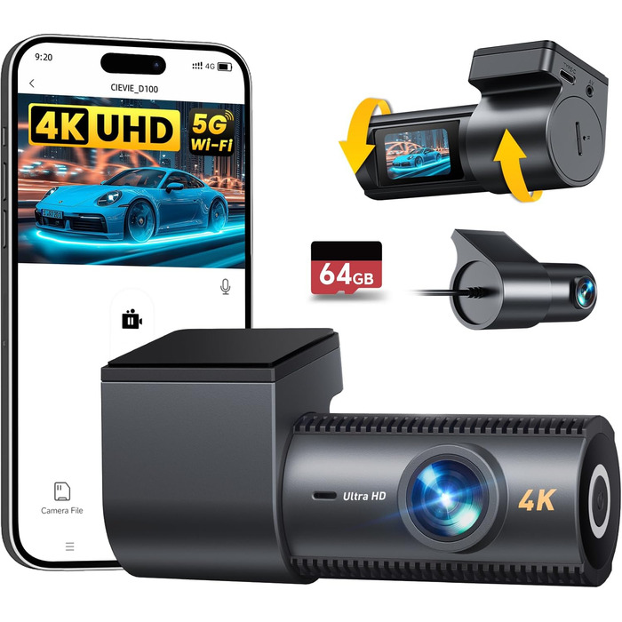 Відеореєстратор CIEVIE 4K+1080P з двома камерами, WiFi, IPS дисплей 1.5