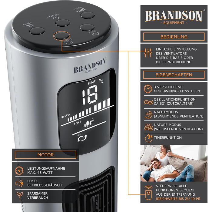 Вентилятор підлоговий Brandson Silverline 96 см з пультом керування, тихий, з осциляцією, 3 швидкості, 3 режими, таймер, сертифікат GS, сірий колір