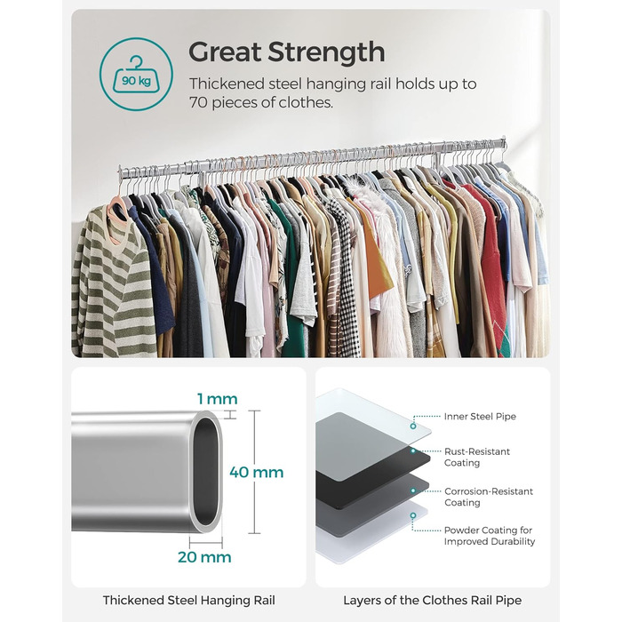 SONGMICS Heavy-Duty Clothes Rack, 2-Piece Set, Rolling Garment Rack, Holds up to 90 kg, with Extendable Wardrobe Rack, Folding Base, Shelf for Boxes, Silver HSR013S02