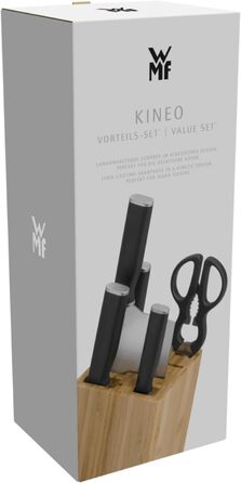 Набір ножів WMF Kineo з підставкою (6 предметів), Made in Germany: 4 ножі, кухоні ножиці, бамбукова підставка, Performance Cut, сталь Spezialklingenstahl