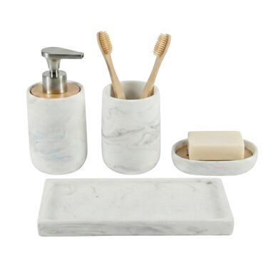 Набір для ванної кімнати 4 предмети з піддоном - дозатор для мила (цинковий сплав), стакан для зубних щіток, мильничка та поличка - мармуровий малюнок, бамбук - сучасний органайзер Marble