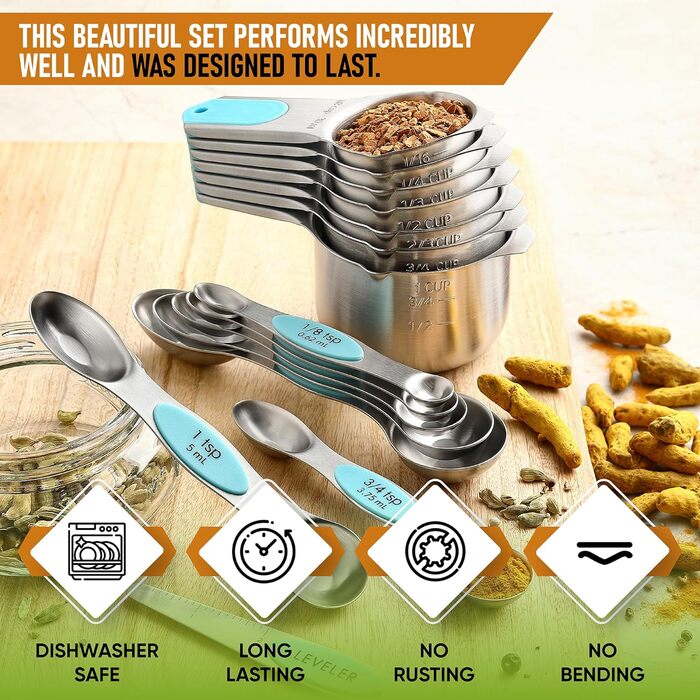 Spring Chef Magnetic Measuring Cups & Spoons Set (Patented), Strong Magnets, Durable Stainless Steel, Fits Spice Jars for Baking & Cooking, BPA-Free, Round, 15-Piece Set with Leveler, Aqua