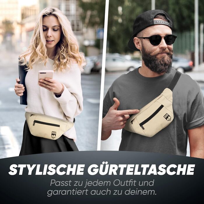 RUVO® Поясна сумка для чоловіків та жінок | Стильна сумка на пояс з 4 відділеннями на блискавці | Підходить для будь-яких активностей (Бежевий)