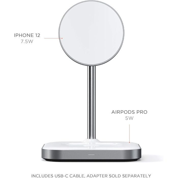 Стійка для бездротової зарядки SATECHI 2-в-1 з магнітним кріпленням, сумісна з iPhone 17/16/15/12 та AirPods Pro/AirPods 4/3