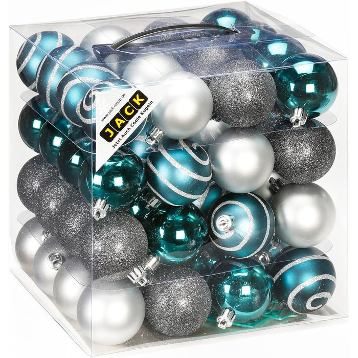 Набір ялинкових кулі 6 см (64 шт.) з пластикової коробки, безпечні, 60 мм, Petrol-silver