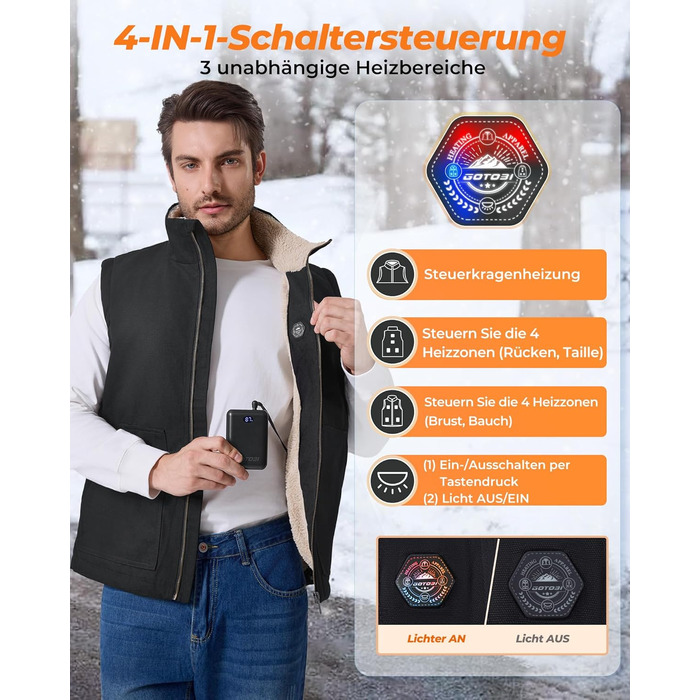 Чоловіча грівачка з Powerbank 16000mAh, 7.4V, 9 зон нагріву, Canvas, 3 температурні режими, чорна, M