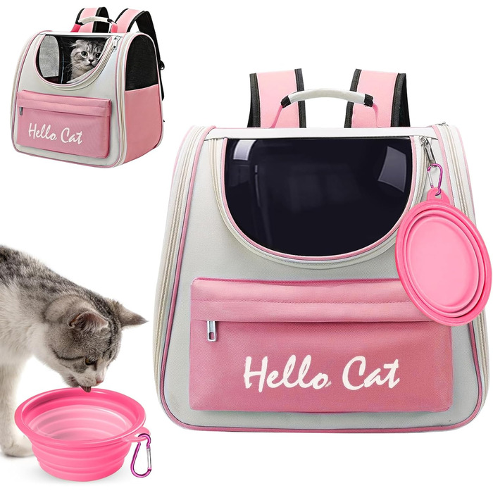 Рюкзак для тварин з сіткою, складаний рюкзак для кота/собаки з мискою для подорожей, водонепроникний оксфорд, об'єм до 15 кг (Рожевий)