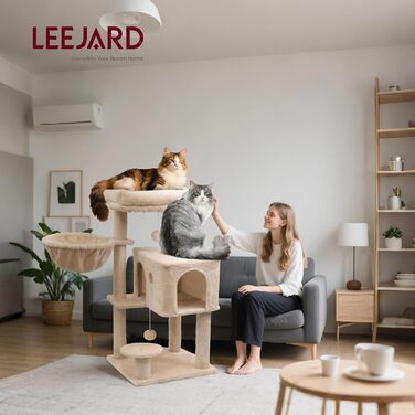 Котячий будиночок з дряпалкою, великі платформи, сизаль, пандус, будиночок для котів, м'ячі та щітка для котів, 95 см, бежевий