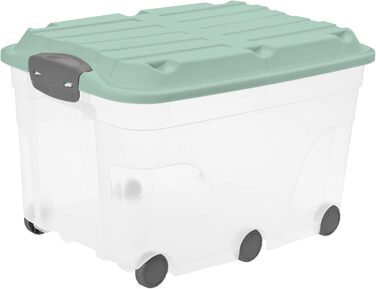 Rotho Roller 6 Storage Box 2-Piece Set, 57L with Lid and Wheels, Plastic (1 x 57L, Transparent/Turquoise)