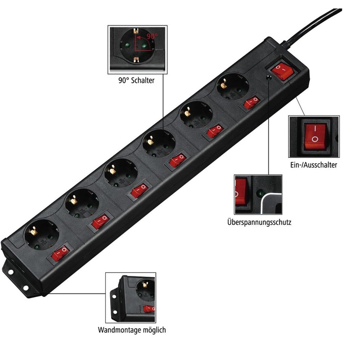 Розподільник розеток Hama з індивідуальним керуванням, захистом від перенапруги, 6 розеток, поворот на 90°, чорний, 1.4м кабель
