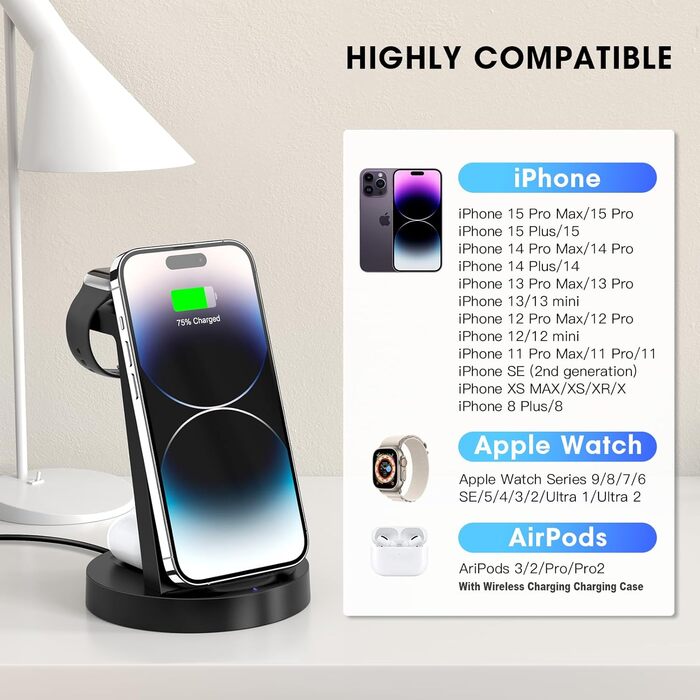 Зарядна станція 3 в 1 для iPhone з бездротовою зарядкою, 18W, сумісна з Apple iPhone 16, 15, 14, 13, 12, 11, X, Pro, Max, Apple Watch та AirPods, чорна