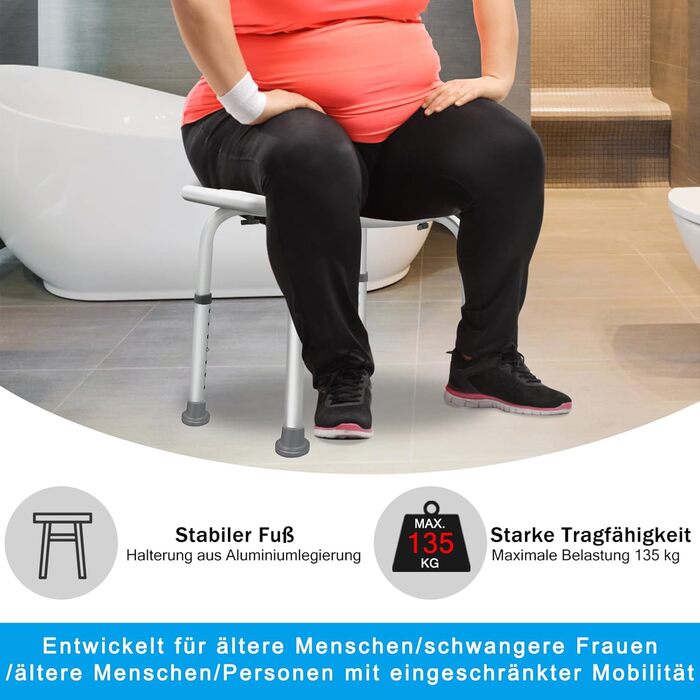 AUFUN Shower Stool, Adjustable Height 35-51cm, U-Shaped Shower Stool, Anti-Slip Bath Seat, Shower Aid, Shower Seat Made of Aluminum and Plastic for Elderly, Pregnant Women (U-Shaped Shower Stool)