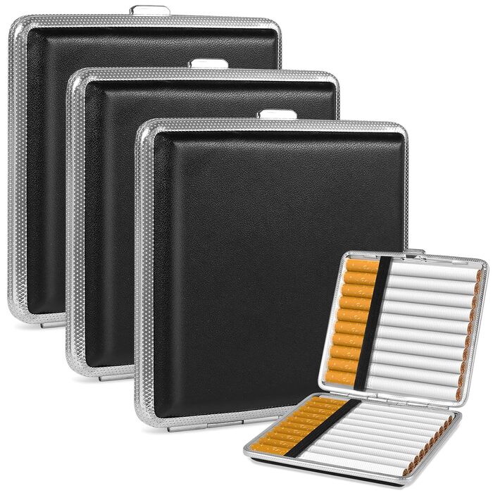 Чохол для сигарет зі шкіри та металу (3 шт., чорний) - 20 сигарет, з застібкою, 10 x 9.5 x 1.9 см