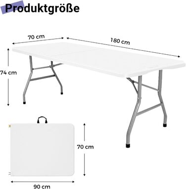 Складаний столик 180см, портативний, міцний, пластиковий, для дому та відпочинку на природі (білий)