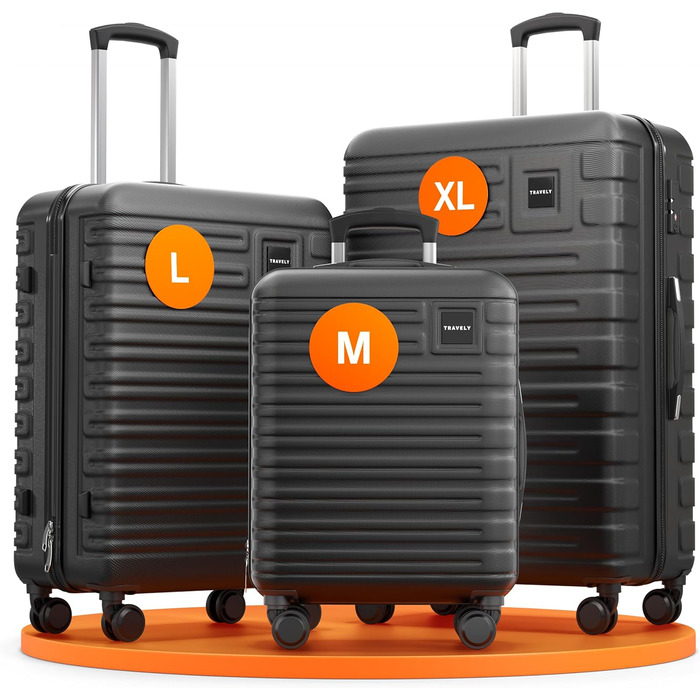 Набір валіз Travely з полікарбонату (77см, 67см, ручна поклажа), чорний, з TSA замком