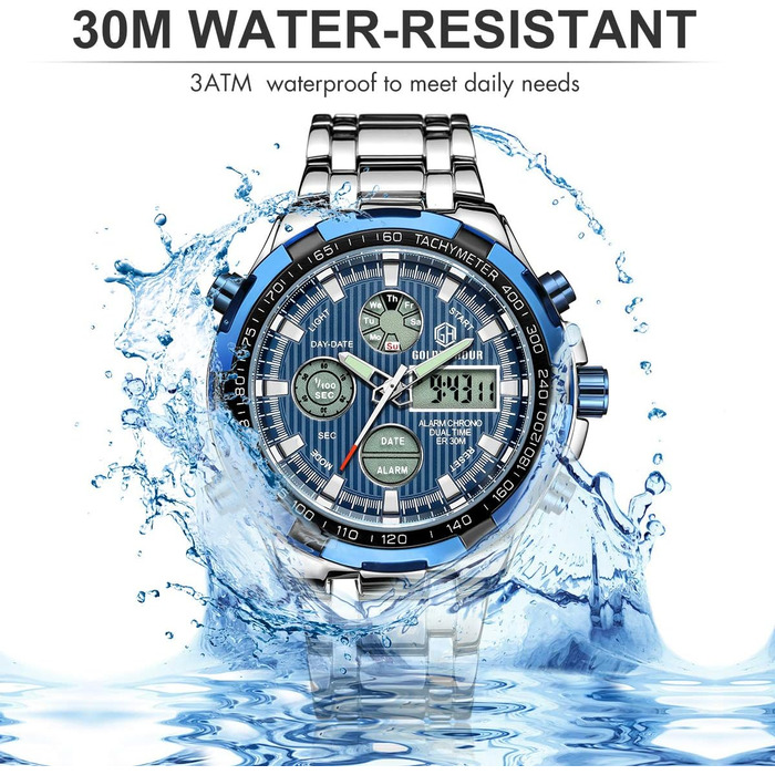 Чоловічий годинник з хронографом: надійний годинник з нержавіючої сталі, водонепроникний, з датою та будильником, аналогово-цифровий дисплей (сріблястий, блакитний)