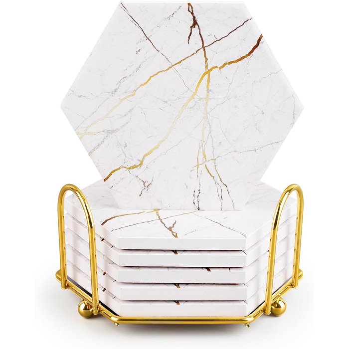 Marble-Style Coasters, Set of 6 - Drink Coasters for Wood Table with Metal Holder - Gold-Colored Ceramic Cup Set - Rustic Home Decor, Room Decor, Party (Luxury White Gold Marble 05)