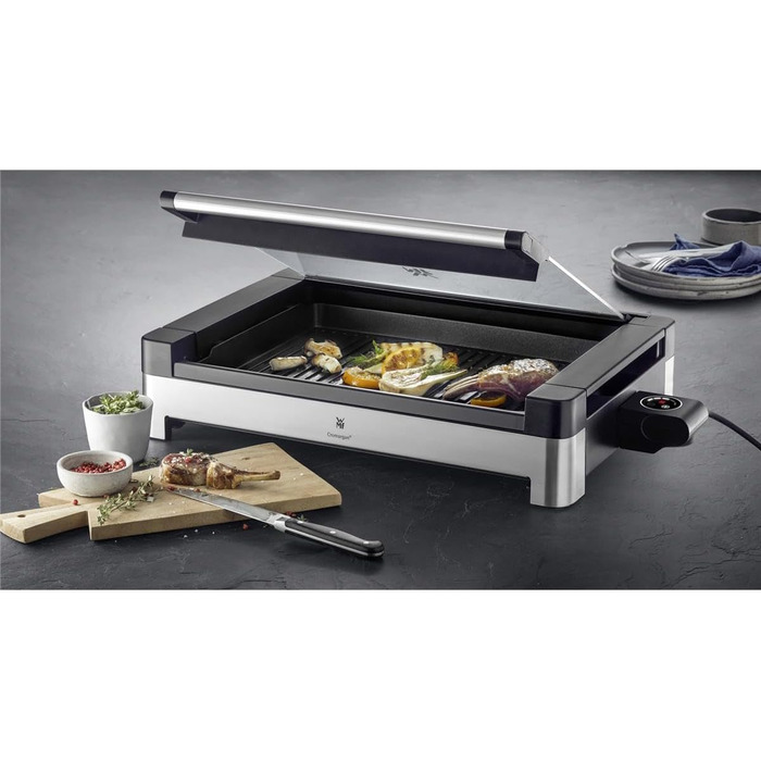 WMF Lono Electric Table Grill with Glass Lid - Non-Stick Coated Plate, Removable Drip Tray, Dishwasher Safe, Matte Stainless Steel, 2200W Single