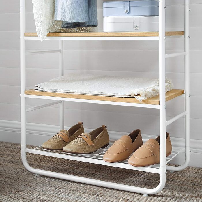 VASAGLE Coat Rack, Coat Stand, Clothes Rail, with Shoe Storage, Shoe Shelf, Entryway, Bedroom, 58 x 28 x 181 cm, Scandinavian, Matte White-Gold Oak
