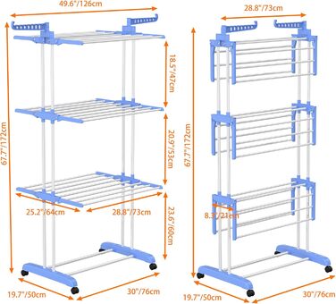 Сушарка для білизни турбо тип, сушарка для одягу з 6 відкидними крилами та 2 боковими крилами, мобільна сушарка для білизни на коліщатках для дому та вулиці, блакитна