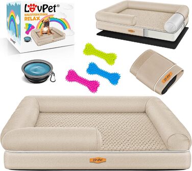 Orthopedic Dog Bed, Dog Cushion, Dog Basket, Relax, Incl. Bowl + 3x Chew Bones, Dog Sofa for Small, Medium & Large Dogs, Removable and Washable Cover, 91x71x22cm (XL (120 x 85 x 25 cm), Beige)