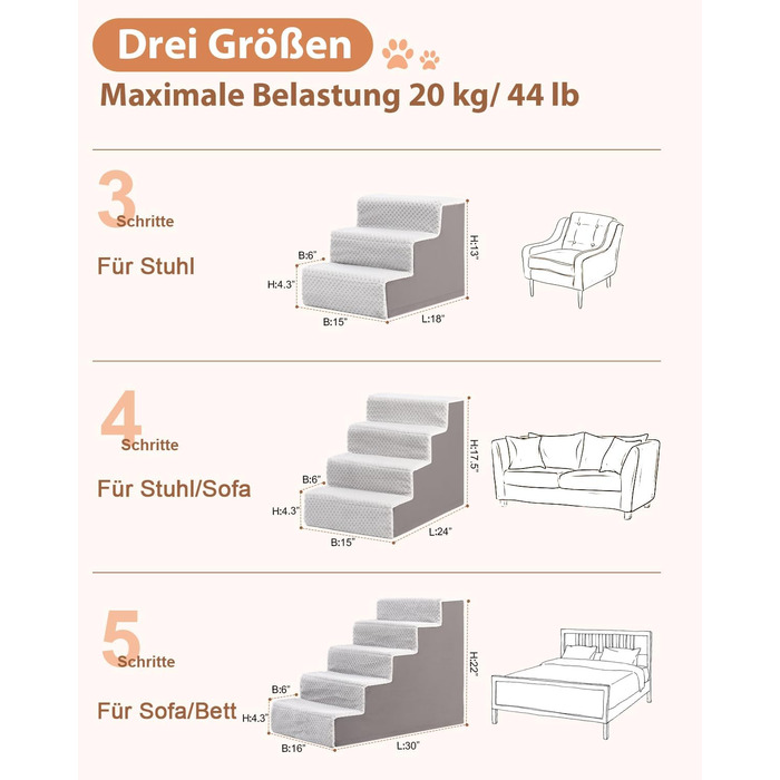 KSIIA Dog Stairs for Small Dogs 44cm High, Pet Stairs with Removable Washable Cover, Cat Stairs for Elderly Cats and Dogs, Non-Slip Dog Ramp Dog Stairs for Bed Sofa, Grey