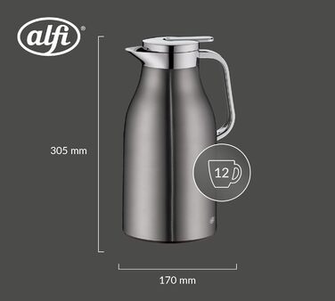 Термос Alfi SKYLINE 1.0л з нержавіючої сталі з гігієнічним скляним вкладишем, поворотним кришкою з зручною кнопкою, ергономічною ручкою, для кави та чаю (1500 мл, Cool Grey Mat)