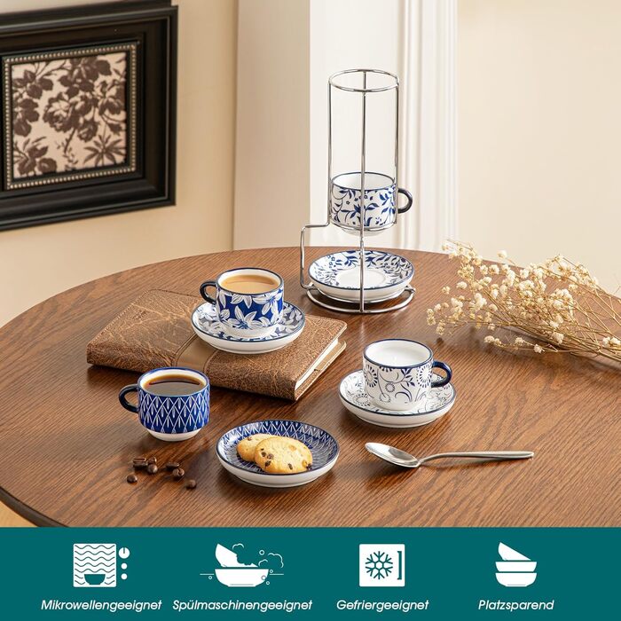 Набір чашок для еспресо Vancasso SELENE з блюдцем та підставкою, 4 шт, 90 мл, блакитно-білий, кераміка