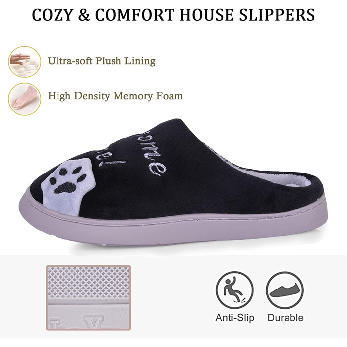 Чоловічі та жіночі тапочки Shaine з бавовни з котиком, теплі, плюшеві, антиковзні, зручні, чорні, 36/37 EU