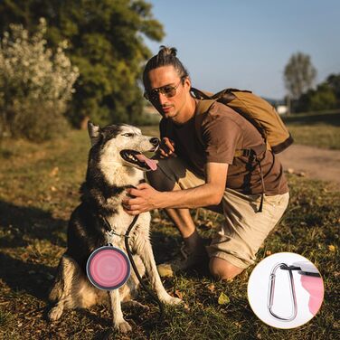 Складані годівниці для собак SLSON (2 шт.) з кришкою та карабінами. Зручні для прогулянок, подорожей та щоденного використання (L, блакитний, рожевий)