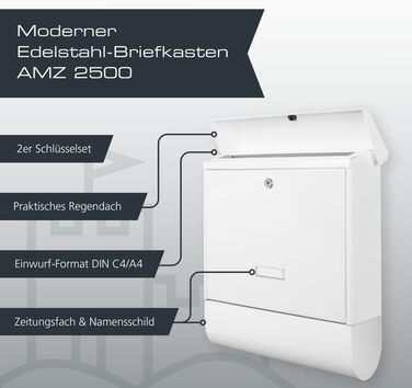 Поштовий ящик Burg-Wächter AMZ 2500 NI з газетницею та табличкою для імені, нержавіюча сталь, формат DIN C4, 2 ключі, білий