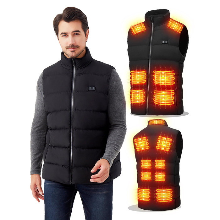 Електрична гріюча жилетка для чоловіків та жінок з 15 зонами нагріву - 3 режими температури, для активного відпочинку, катання на лижах, полювання, кемпінгу (без акумулятора), чорна, XXL