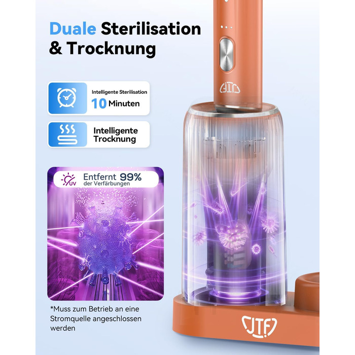 Електрична звукова зубна щітка JTF з УФ-дезінфекцією та сушінням, бездротова зарядка, 5 режимів чищення, 6 насадок, стаканчик для полоскання, акумуляторна для дому та подорожей (Помаранчева)