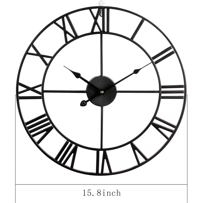 HAITANG Large Vintage Style Wall Clock, Black Round, Metal Silent Non-Ticking, Battery Powered, 40cm, 16 Inch Roman Numerals, Clocks for Living Room, Bedroom, Kitchen Wall Clock Decoration