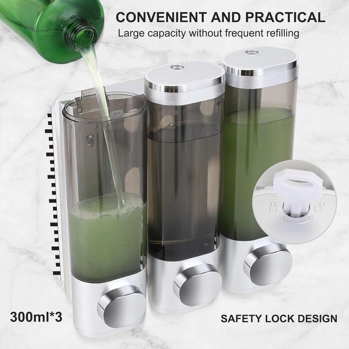 Wall-Mounted Soap Dispenser, Shampoo & Body Wash Dispenser, 3-Piece Soap Dispenser No Drilling Required, Even Liquid Dispensing, Leak-Proof Suitable for Shampoo, Body Wash, Liquid Soap, Conditioner. (Silver)