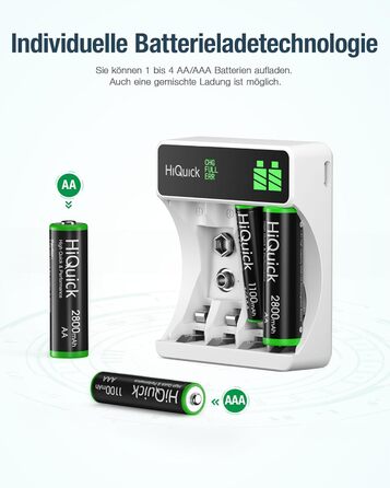 Швидкий зарядний пристрій HiQuick з LCD-дисплеєм для акумуляторів NI-MH NI-CD AA/AAA, 4 слоти, універсальний, для перезаряджуваних акумуляторів Mignon AA та Micro AAA