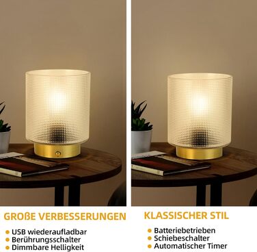 Бездротова настільна лампа з таймером, вінтажний дизайн, LED, скло, для дому та вулиці, диммування, сірий колір, розмір L