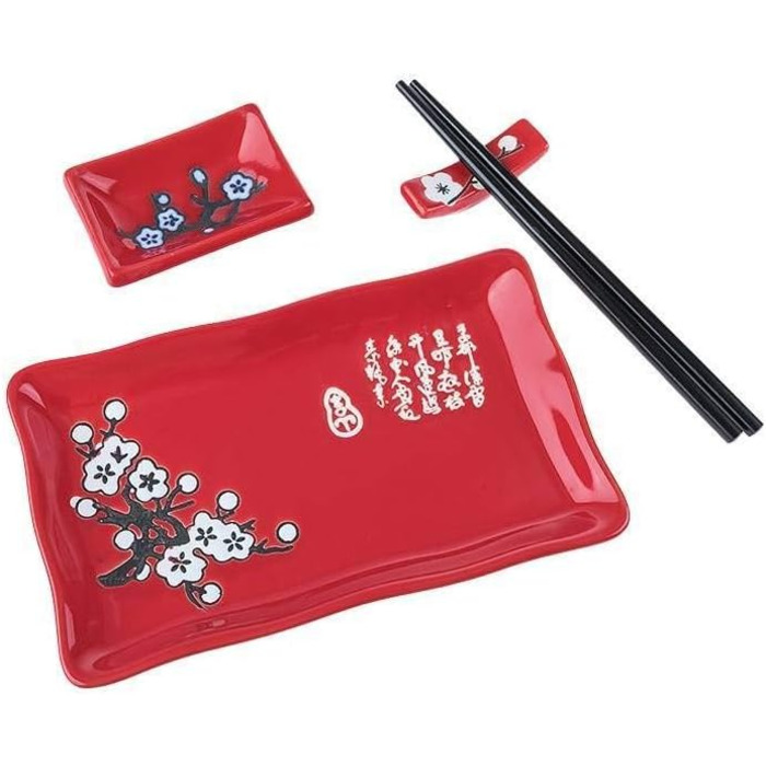 Традиційний японський набір для суші: 2 тарілки, палички та підтарілки з порцеляни з квітковим візерунком – ідеальний подарунок