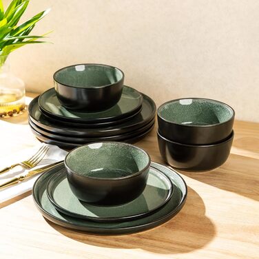 Набір керамічного посуду AmorArc (24 шт.) для 8 осіб: тарілки та миски, реактивна глазур, стійкий до сколів та тріщин, придатний для миття в посудомийній машині та використання в мікрохвильовій печі. Сервіз для 8 осіб (24-teilig), колір: матовий чорний не