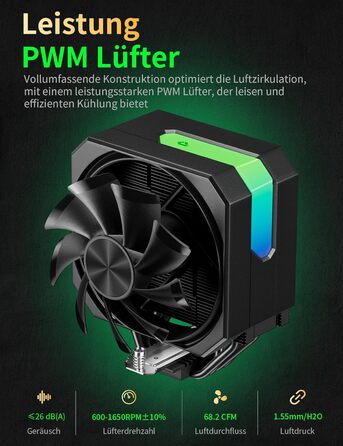 upHere Кулер для CPU з ARGB підсвічуванням, 4 теплові трубки, 120мм вентилятор, сумісний з AMD AM4 AM5/Intel 2011/2066, ПК кулер up1KC4