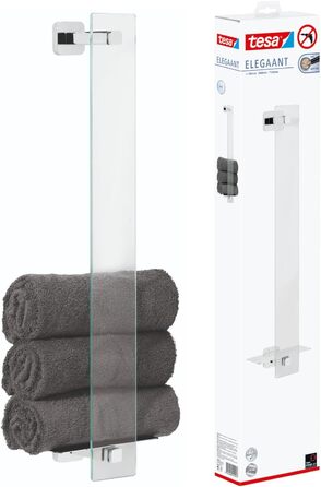 tesa ELEGAANT Towel Rail for Guest WC, including adhesive solution, elegant design, metal, chrome-plated, guaranteed rust-free, 180mm x 668mm x 128mm