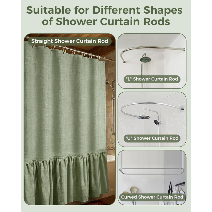 Штора для душу 180x180 см льон, зелена - водонепроникна, з антигрибковим покриттям, з утяжеленим краєм, з кільцями (1 шт)
