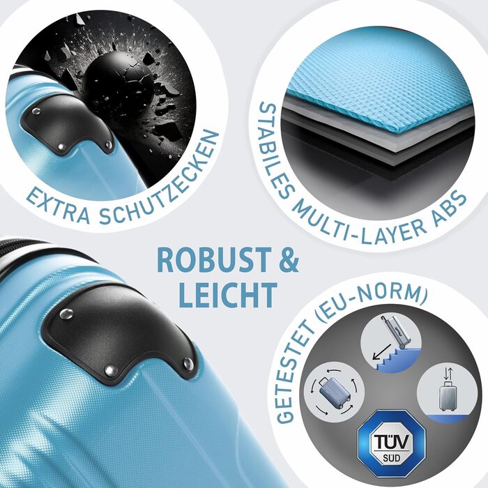 Набір валіз FERGÉ 3 шт. з твердим корпусом QUÉBEC. Чемодани-ролери (ручна поклажа, L, XL). Валізи з ABS, 4 колеса, колір: блакитний льоду