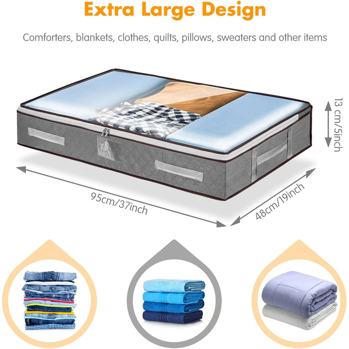 4 шт. Кошики для зберігання під ліжком з кришкою, великі складні коробки для зберігання з блискавкою, органайзери для одягу, постільної білизни та ковдр, посилені ручки (сірий)